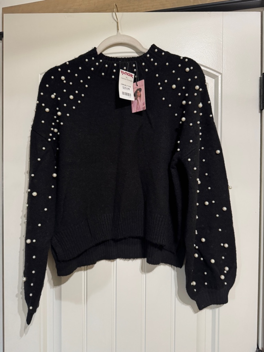 Black Pearl-Embellished Crewneck Sweater